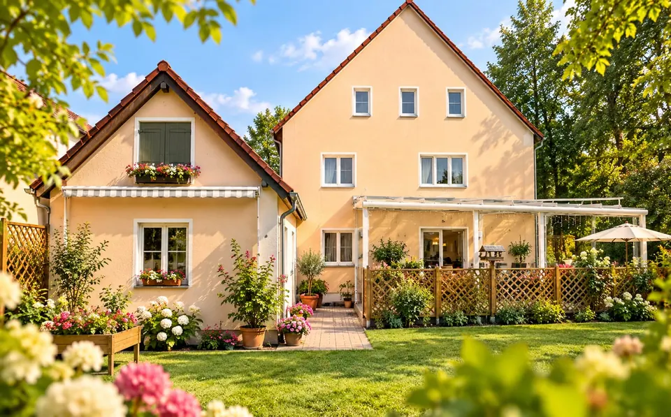 Das Haus der Senioren-WG Ahornallee in Erkner mit Garten und Terrasse im Sommer