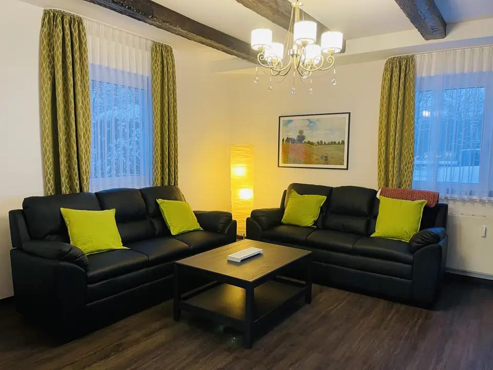Wohnzimmer mit Ledersofas, grünen Kissen und Kronleuchter