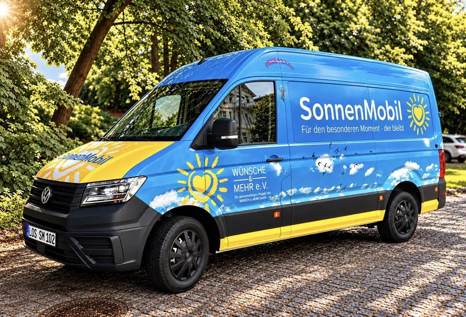 Das SonnenMobil, ein blauer Krankentransporter mit gelber Sonne und Herz, im Sonnenlicht unter Bäumen